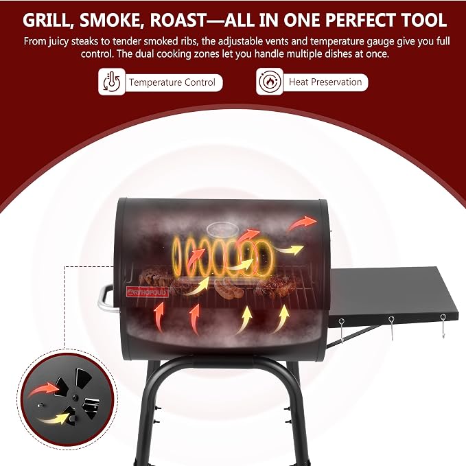 Barrel Charcoal Grill, 388 Sq. In. Outdoor BBQ Grill | 4-level adjustable charcoal pan, thermometer, warming rack, side shelf with hooks, wheels and bottom storage rack