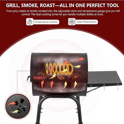 Barrel Charcoal Grill, 388 Sq. In. Outdoor BBQ Grill | 4-level adjustable charcoal pan, thermometer, warming rack, side shelf with hooks, wheels and bottom storage rack