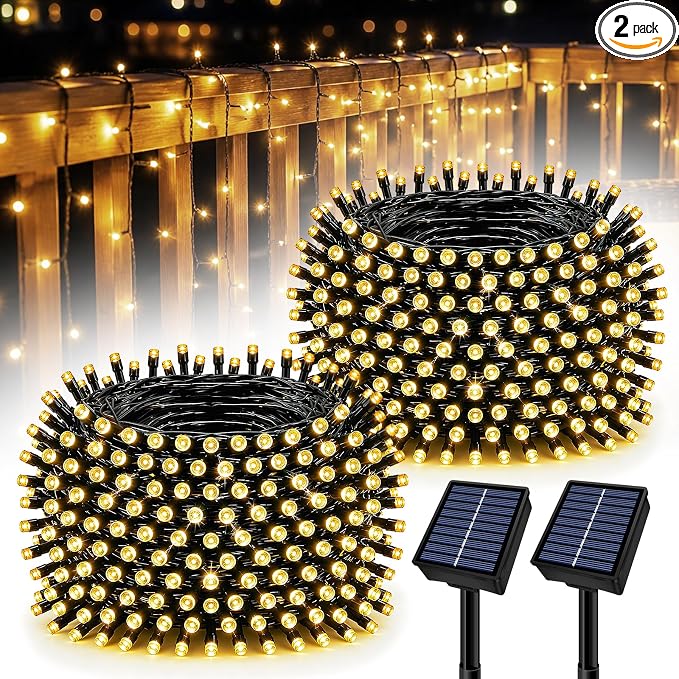 Solar String Lights Outdoor 2 Pack Total 66FT 200LED Solar Fairy Lights Waterproof 8 Modes Twinkle Solar Lights for Patio, Garden Yard Party Wedding Tree Christmas Halloween Decoration, Warm White