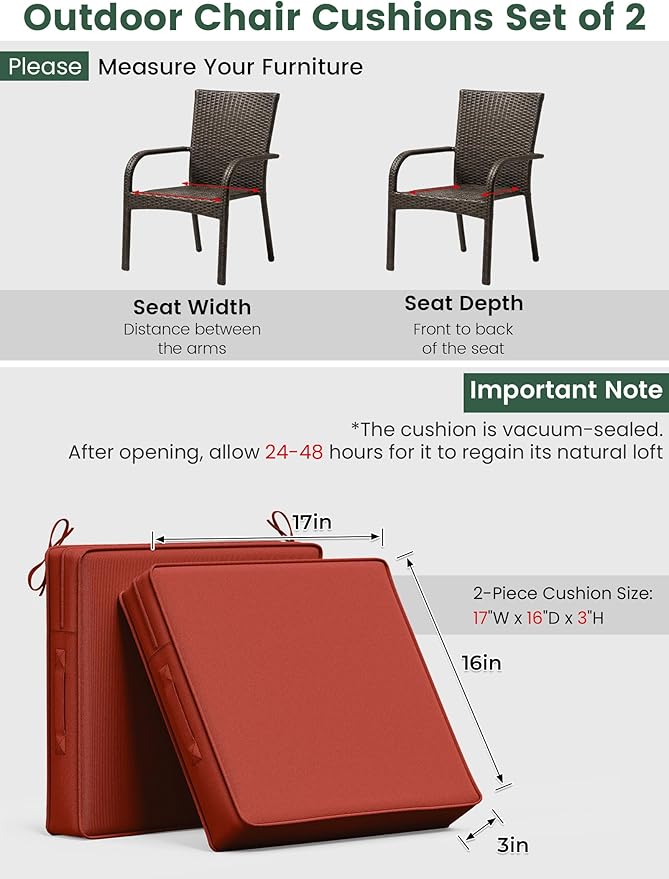 Outdoor Chair Cushion 17 x 16 x 3 Inches Patio Furniture Outdoor Waterproof Seat Cushion, Patio Chair Cushion with Handles and Ties, Square Dining Chair Cushion Set of 2, Terra Red