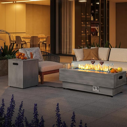 IRONCK 43-inch Outdoor Propane Fire Pit Table w Tank Table, CSA Certified, 2 in 1 Rectangular Patio Fire Pit w Glass Rocks, Wind Guard and Cover, 50000 BTU Outside Heater for Pool, Vintage Gray