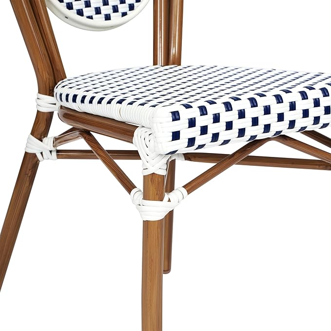 Flash Furniture Lourdes Indoor/Outdoor Commercial Thonet Bistro Stack Chair - White/Navy PE Rattan Back and Seat - Natural Bamboo Print Metal Frame