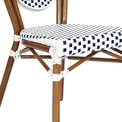 Flash Furniture Lourdes Indoor/Outdoor Commercial Thonet Bistro Stack Chair - White/Navy PE Rattan Back and Seat - Natural Bamboo Print Metal Frame
