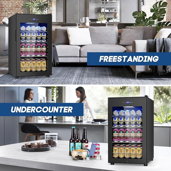 Velivi 17Inch Beverage Refrigerator and Cooler Freestanding, 96 Cans Mini Fridge with glass door and Lock, Small Drink Fridge for Soda, Beer, Wine, For Home Bar Office with LED Light