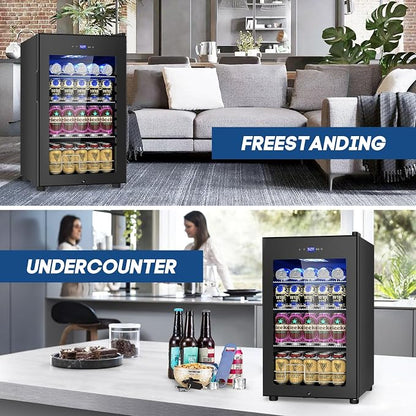 Velivi 17Inch Beverage Refrigerator and Cooler Freestanding, 96 Cans Mini Fridge with glass door and Lock, Small Drink Fridge for Soda, Beer, Wine, For Home Bar Office with LED Light