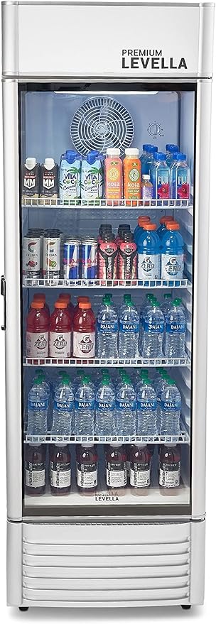 PremiumLevella PRF155DX Glass Door Display Refrigerator 15.5 cu ft Commercial Beverage Cooler Merchandiser With Customizable Lightbox - Silver
