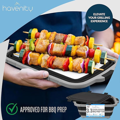 BBQ Prep Tub 16L - Multifunctional Collapsible Camping Cutting Board with Upgraded Locking lid, Meat Storage Container for Meal Prep, Dish Basin Bowl Perfect for Grilling, Outdoor Cooking XL