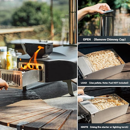 Wood Pellet Pizza Oven with Rotatable Stone, Portable Pellet Pizza Oven with Chimney and Door, Outdoor Pizza Stove for Backyard, Camping, Picnicking, RV, Tailgating, PS106