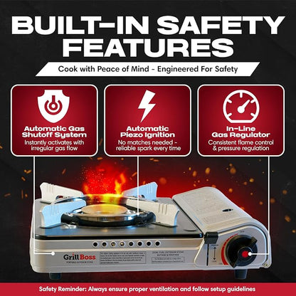 Grill Boss Dual Fuel Camp Stove w/ 4x 8oz Butane Canisters - 12,000 BTU Butane & Propane Portable Stove for Camping, Emergencies, BBQ, Hiking & Backpacking - Double Wind Guard, Piezo Ignition - 90057 | Single Burner Gas Cooker, Propane Adapter Included...