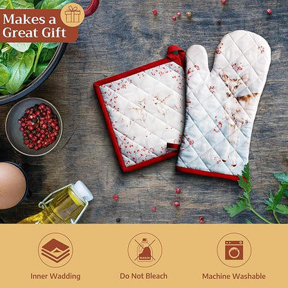 Maison d' Hermine 100% Cotton Oven Mitt & Pot Holder Set (7.5"x13" & 8"x8") Heat Resistant BBQ Cooking Gloves with Loop for Thanksgiving Christmas Decorations Handling Hot Pans (Fairy Tale Forest)