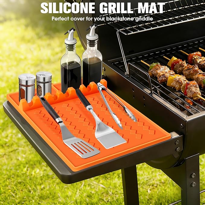 2 Pack Silicone Grill Mat Compatible with Blackstone,Silicone Griddle Tools Mat with Drip Pad, 16.5"x11.5" Side Shelf Spatula Mat for Griddle, BBQ Grill Accessories for Outdoor Dad-Orange