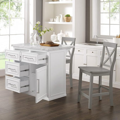 Crosley Furniture Cutler Kitchen Island with Faux Marble Top and X-Back Stools, White/Gray
