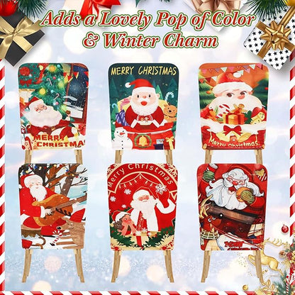 7 Pcs Christmas Tablecloth and Chair Covers Set Stretchable Washable Red Santa Holiday Table Cover and Seat Protector Slipcovers for Xmas Dining Room Kitchen Party(Round,60 x 60 Inch)