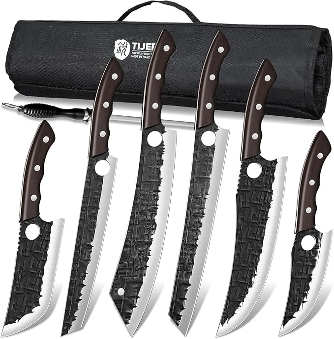 TIJERAS Butcher Knife Set, Hand Forged BBQ Viking Meat Cleaver Knives, Professional Chef Knife Set with Roll Bag for BBQ, Camping, Birthday Gifts for Men Women