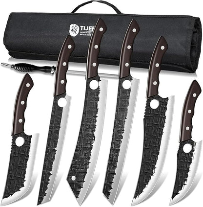 TIJERAS Butcher Knife Set, Hand Forged BBQ Viking Meat Cleaver Knives, Professional Chef Knife Set with Roll Bag for BBQ, Camping, Birthday Gifts for Men Women