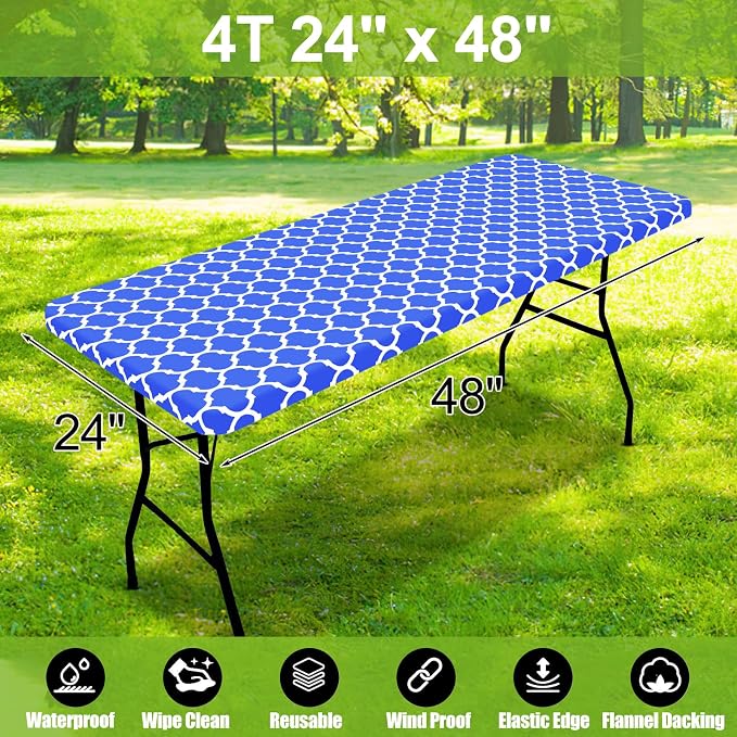 Smiry Picnic Fitted Table Cover, 4 Foot Flannel Backed Vinyl Tablecloth | Waterproof Elastic Stretch Table Cloth, Wipeable Plastic Tablecloth for Camping, Indoor & Outdoor (Blue, 24" x 48")