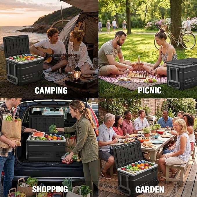 YELLOW JACKET Car Refrigerator, 78QT Cooler with Wheels, Portable Freezer | -4°F to 68°F, MAX/ECO, 3-level battery, tilt 45°, <45dB, 78QT(74L), multi-power, wheels, LED/drain