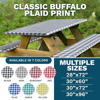 Picnic Table Cover with Bench Covers -Fitted with Elastic, Vinyl with Flannel Back, Fits for Table 30"x 72" Rectangle,Water Proof, Checked Black Design