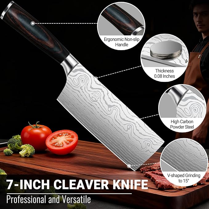 Nakiri Knife 7 Inch Sharp Meat Cleaver and Vegetable Kitchen Knife Damascus Asian Chef Knife for Home and Kitchen with Ergonomic Handle High Carbon Stainless Steel knife Chef Cooking Gift