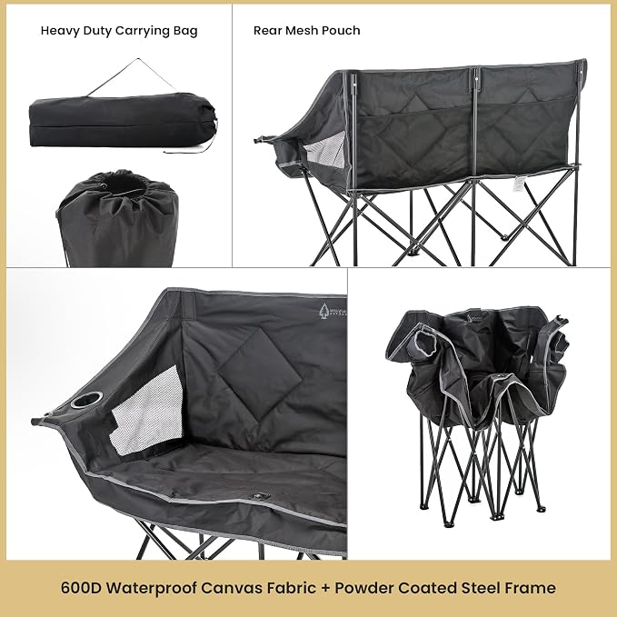ARROWHEAD OUTDOOR Portable Folding Double Duo Camping Chair Loveseat | 2 Cup and Wine Glass Holder, Carrying Bag, Supports up to 650lbs, Beach, Tailgating, Fishing, Patio, Hunting, Backyard