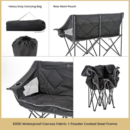 ARROWHEAD OUTDOOR Portable Folding Double Duo Camping Chair Loveseat | 2 Cup and Wine Glass Holder, Carrying Bag, Supports up to 650lbs, Beach, Tailgating, Fishing, Patio, Hunting, Backyard