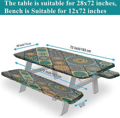 Boho Picnic Fitted Tablecloth with Benches Covers, Boho Flowers Print Elastic Edge Table Cover, 28x72 Inch, 3 Piece Set, Polyester Rectangular Table Cloths for Summer Spring Picnics Dinner Use