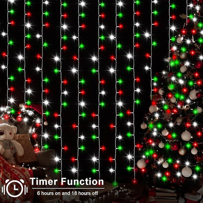echosari Red White and Green Christmas Curtain Lights Battery Operated | 300 LED Curtain Lights 9.8Ft x 9.8Ft Hanging Lights with Remote Timer for Party Holiday Garden Yard Decor