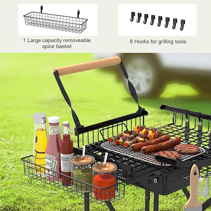 NADAMOO Foldable Charcoal Grill Cart with Rolling Wheels & Storage, Instant Fold Portable BBQ Trolley for Outdoor Barbecue, Travel, Camping, Picnics, Party, Backyard