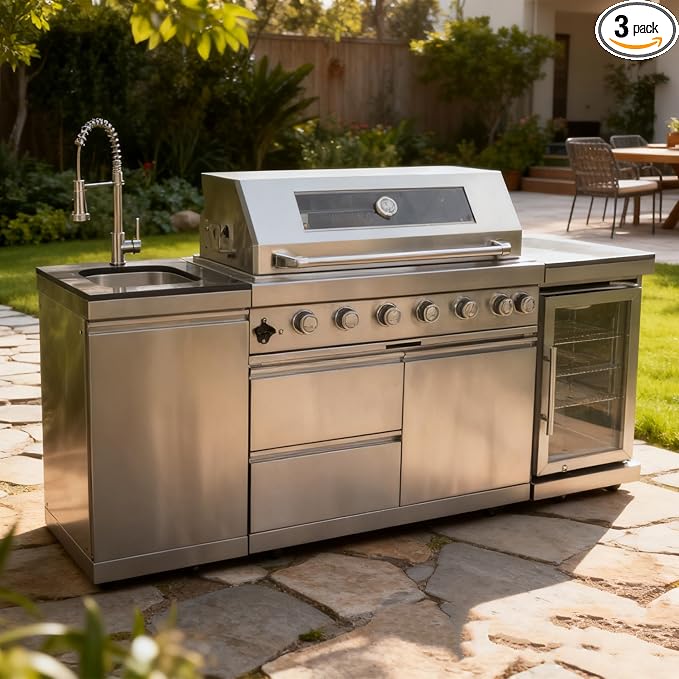 BBQ Island Outdoor Kitchen Kits 6-Burner 85000 BTU Stainless Steel Modular 82 Inch Propane Gas Outdoor Kitchen Bar Barbecue Island Grill with Refrigerator and Sink for Patio Backyard
