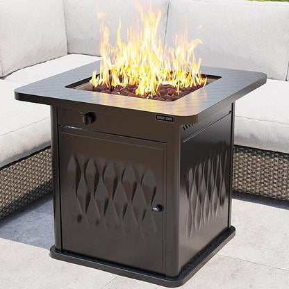 EAST OAK 28'' Steel Propane Fire Pit Table, 50,000 BTU CSA Certified Fire Table with Magnetic Lid, Steel Gas FirePit for Outdoor and Garden, Cover-Storage Basket and Lava Rock , Chocolate Coffee