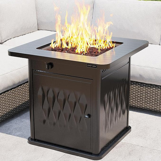 EAST OAK 28'' Steel Propane Fire Pit Table, 50,000 BTU CSA Certified Fire Table with Magnetic Lid, Steel Gas FirePit for Outdoor and Garden, Cover-Storage Basket and Lava Rock , Chocolate Coffee
