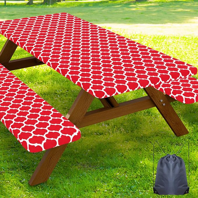 Smiry Picnic Table Cover with Bench Covers, Waterproof Elastic Fitted Tablecloth for 6 Foot Tables, Washable Polyester Tablecloths for Camping, Indoor & Outdoor (Red, 30x72 Inch 3-pc Set)