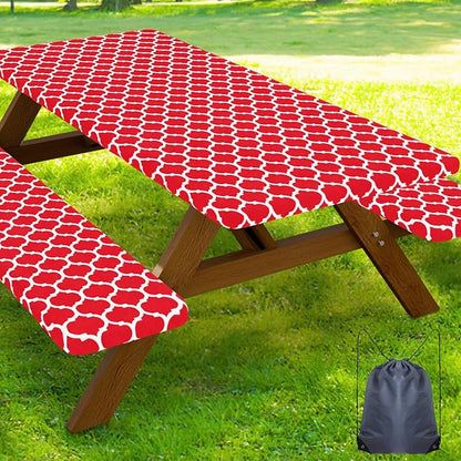 Smiry Picnic Table Cover with Bench Covers, Waterproof Elastic Fitted Tablecloth for 5 Foot Tables, Washable Polyester Tablecloths for Camping, Indoor & Outdoor (Red, 30x60 Inch 3-pc Set)