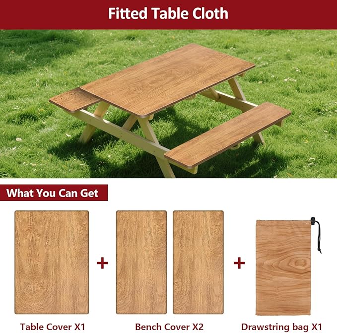 6ft 72in Picnic Table and Bench Cover, 3 Pack, Wood Grain | Drawstring Bag, Waterproof Windproof, Elastic Fitted Edges Tablecloth, for Rectangle Table & Seat, Camping Essentials RV Gear