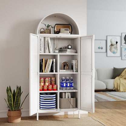 Metal Arched Pantry Cabinet with 4 Adjustable Shelves, Farmhouse Tall Arched Cabinet with 2 Doors for Kitchen，Living Room,White, Assemble Required, 13.8" D x 27.6" W x 66.9" H