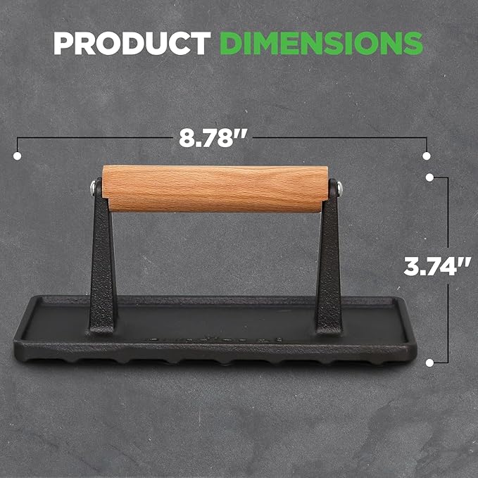 NutriChef Cast Iron Weight Grill Press – Heavy-Duty Griddle Press with Wooden Handle for Steak, Burgers, Bacon & Sandwiches, Creates Perfect Grill Marks