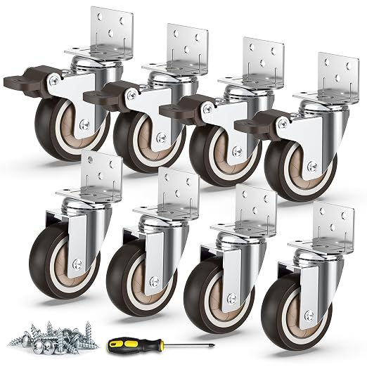 HOLKIE Side Mount Casters 2 Inch L-Shaped Small Rubber Caster Set of 8 with Ball Bearing Heavy Duty Furniture Wheels with Thickened L-Shaped Mounting Plate Ideal for Coffe Tables、Cribs（4 with Brakes）