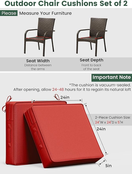 Outdoor Chair Cushion 24 x 24 x 5 Inches Patio Furniture Outdoor Waterproof Seat Cushion, Patio Chair Cushion with Handles and Ties, Square Dining Chair Cushion Set of 4, Red