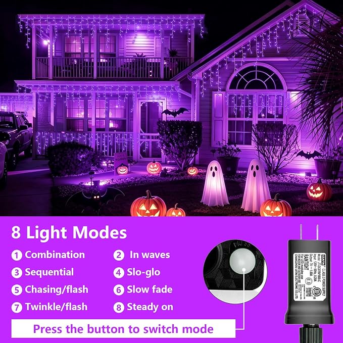 YEGUO 66ft 800 LED Icicle Lights Outdoor Waterproof, 160 Drops Halloween Lights Connectable, 8 Modes Icicle Christmas Light with Memory(Purple)