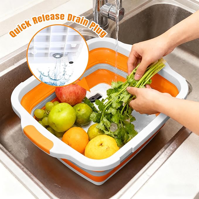 BBQ Prep Tub with Lid and Cutting Board - Collapsible Barbecue Tool Set for Marinating, Grilling, BBQ Prep Station for Outdoor Cooking, Camping Kitchen Accessories & Barbecue Utensils, X-Large Orange
