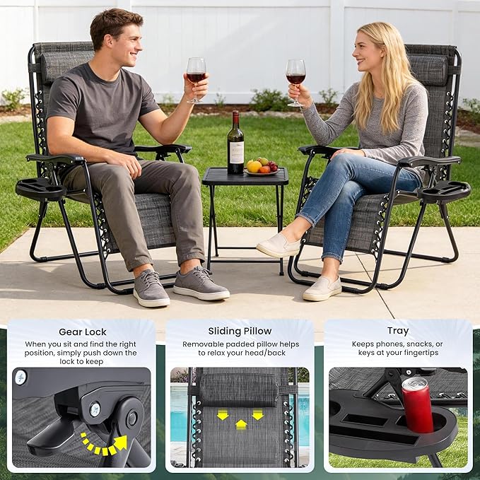 Zero Gravity Chair Set of 2 Oversized Folding Recliner, Padded Anti Gravity Lounge Chair with Adjustable Pillow & Cup Holder for Outdoor Camping, Patio, Poolside, Lawn (Gray)