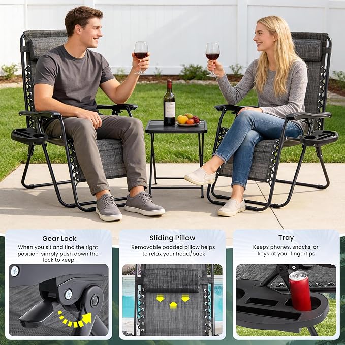 2-Pack Zero Gravity Lounge Chair Recliners - Adjustable Steel Frame with Removable Headrests & Cup/Phone/Tablet Trays - 330LBS Capacity - Light Gray