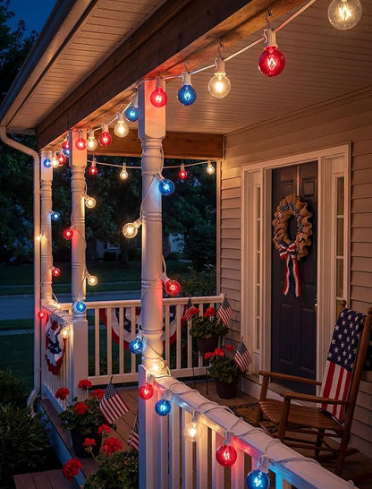 25Ft G40 Red White and Blue String Lights, 4th of July Decorations Lights Plug in with 27 5W Globe Light Bulbs, Waterproof Outdoor Patriotic Lights for Memorial Day Independence Day Home Patio Decor