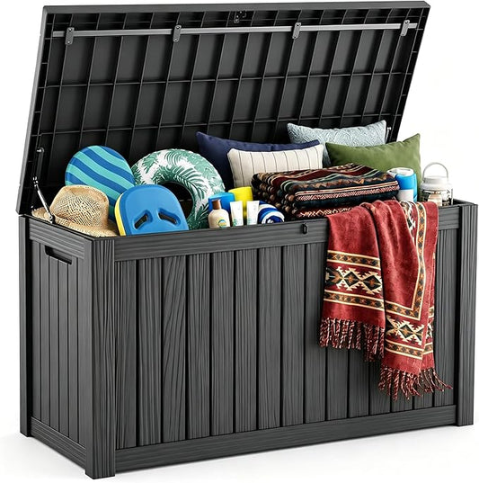 210 Gallon Large Outdoor Storage Box Waterproof, UV Resistant Resin Deck Box with Hydraulic Rod & Lockable Latch for Patio Furniture, Outside Storage Box for Garden Tools, Patio Cushions, Black