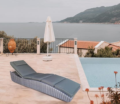 Foldable Outdoor Chaise Pool Lounge Chair Folding Wicker Rattan Sun Bed Patio Couch Reclining Lounger Adjustable Padded Backrest Pillow Assembled - Grey