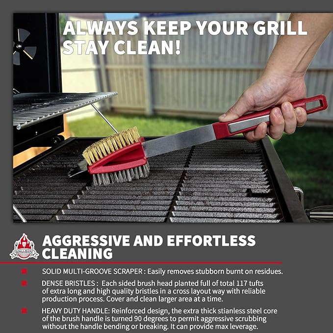 GRILLGEN Dual Sided Grill Brush and Scraper - 16.5" Heavy Duty 117-Hole Planted BBQ Cleaner with Brass & Stainless Steel Bristles - Safe for All Grates: Porcelain, Cast Iron and Steel