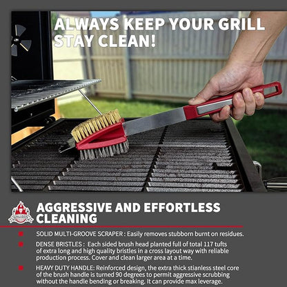 GRILLGEN Dual Sided Grill Brush and Scraper - 16.5" Heavy Duty 117-Hole Planted BBQ Cleaner with Brass & Stainless Steel Bristles - Safe for All Grates: Porcelain, Cast Iron and Steel