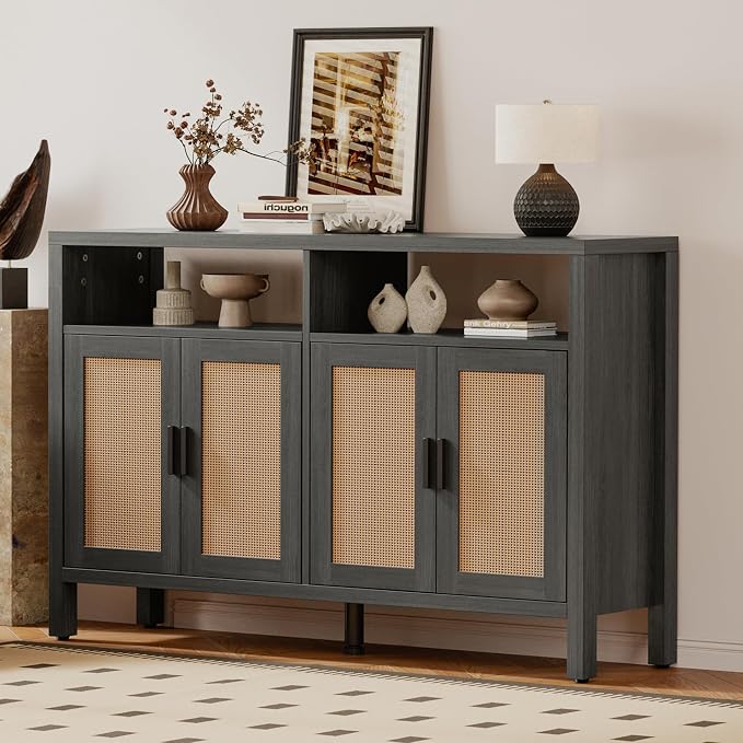 Rattan Buffet Cabinet with Storage, Sideboard with Doors, Console Table, Farmhouse Coffee Bar, Modern Wood Storage Cabinets(Brown Black 2.0)