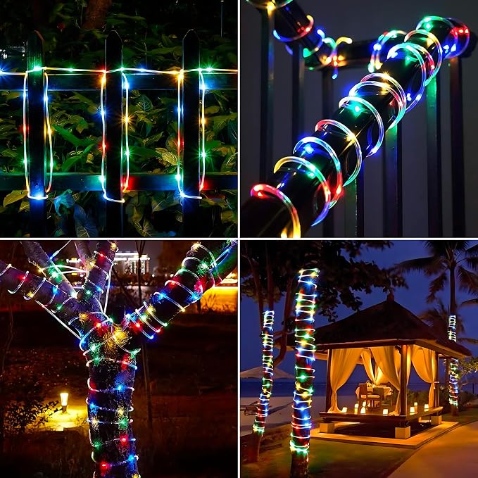 Jnaurb Solar Rope Lights, 66ft 200LED Solar String Lights, 8 Modes Waterproof Solar Outdoor Light, Flexible Clear Trampoline Light for Garden Backyard Patio Deck Porch Pool Tree Decor - Multicolor