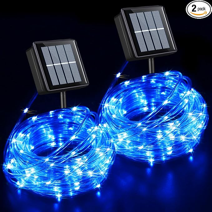 QITONG Blue Solar Rope Lights, 2 Pack Each 33ft 100 LED String Light Outdoor, Fairy Lights in Clear Thin Tube with 8 Modes
